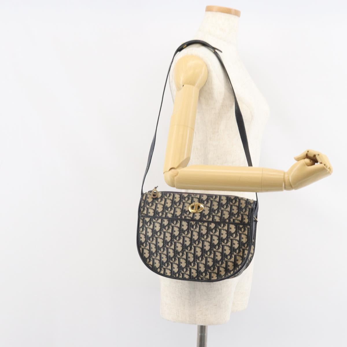 Christian Dior Trotter Canvas Shoulder Bag Navy Gold Auth BA9247