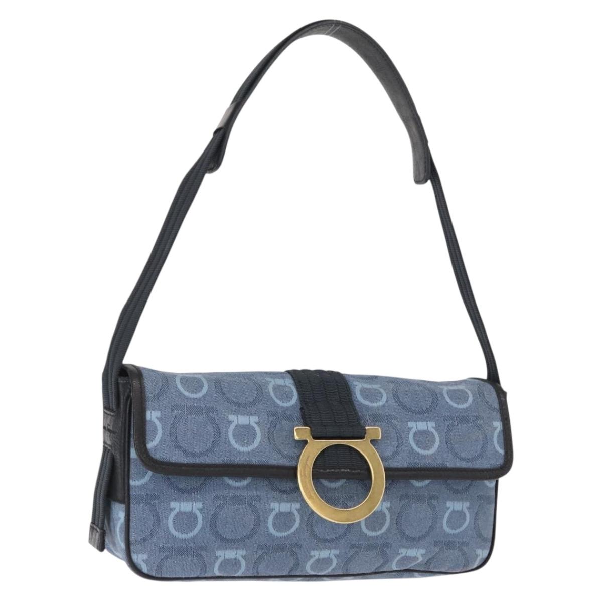 Salvatore Ferragamo Gancini Shoulder Bag Canvas Navy Gold Auth BA9259V