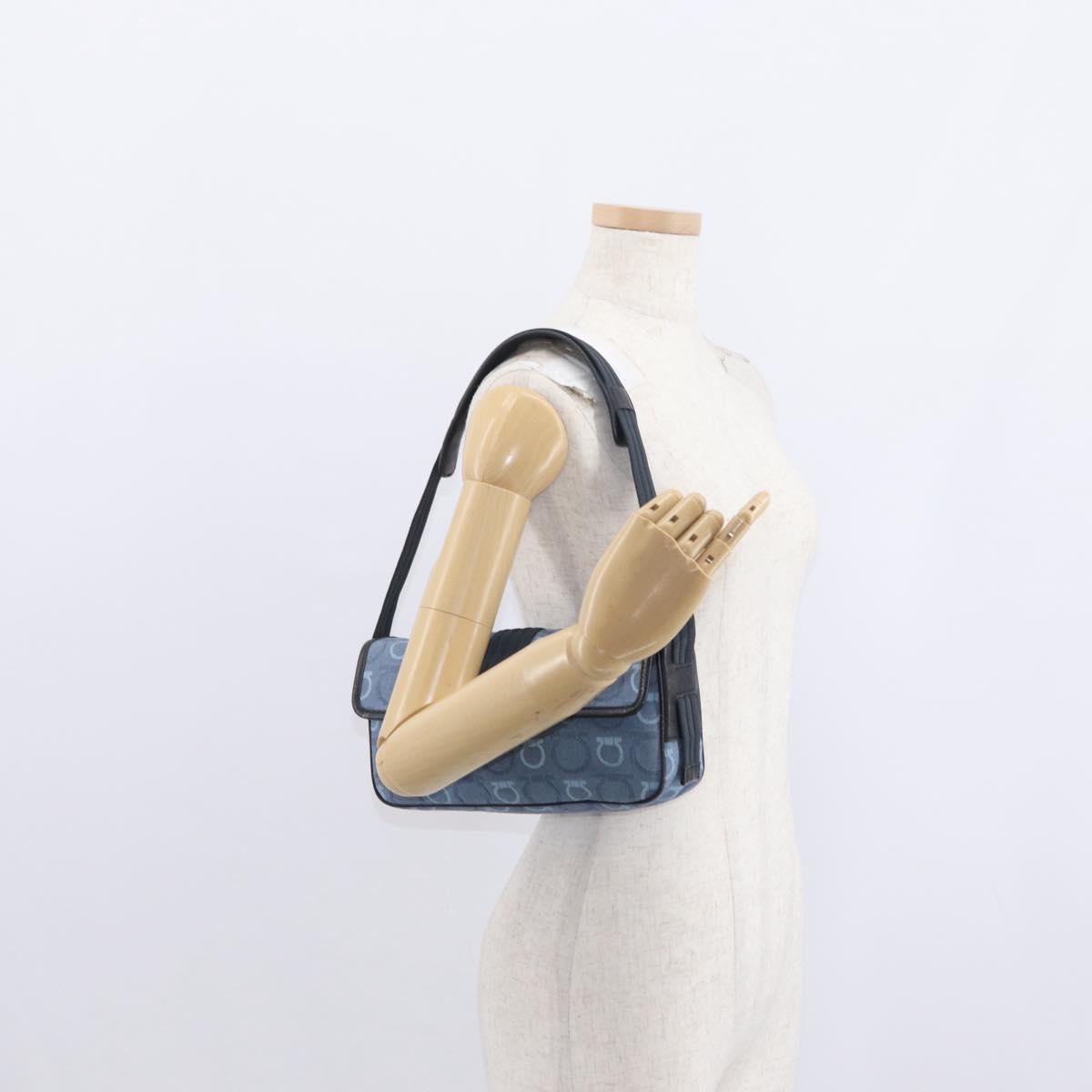 Salvatore Ferragamo Gancini Shoulder Bag Canvas Navy Gold Auth BA9259V