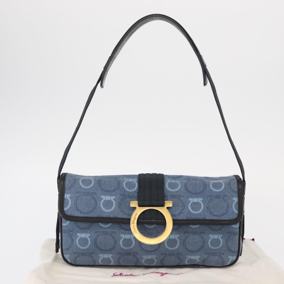 Salvatore Ferragamo Gancini Shoulder Bag Canvas Navy Gold Auth BA9259V