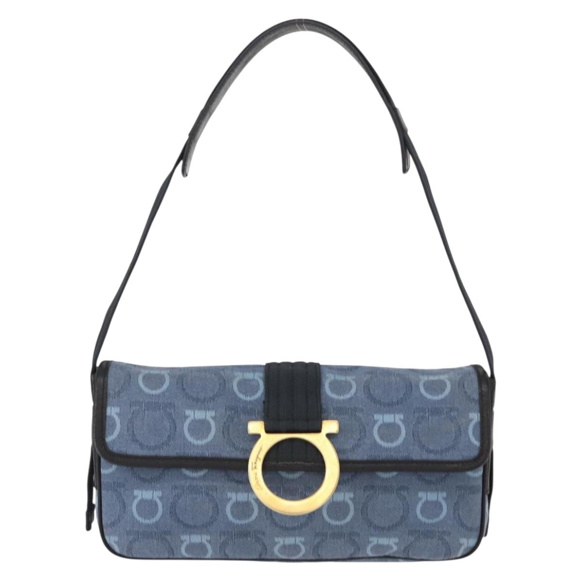 Salvatore Ferragamo Gancini Shoulder Bag Canvas Navy Gold Auth BA9259V