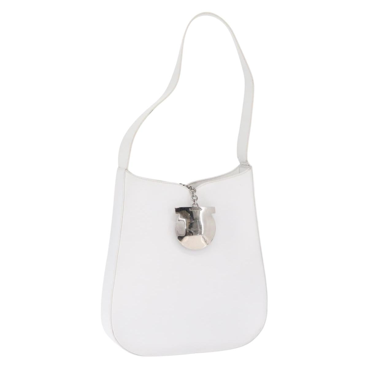 Salvatore Ferragamo Gancini Shoulder Bag Leather White Silver Auth BA9272