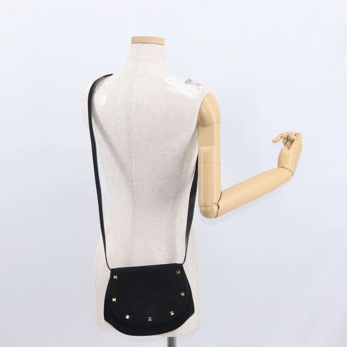 Salvatore Ferragamo Vala Shoulder Bag Suede Black Gold Auth BA9286