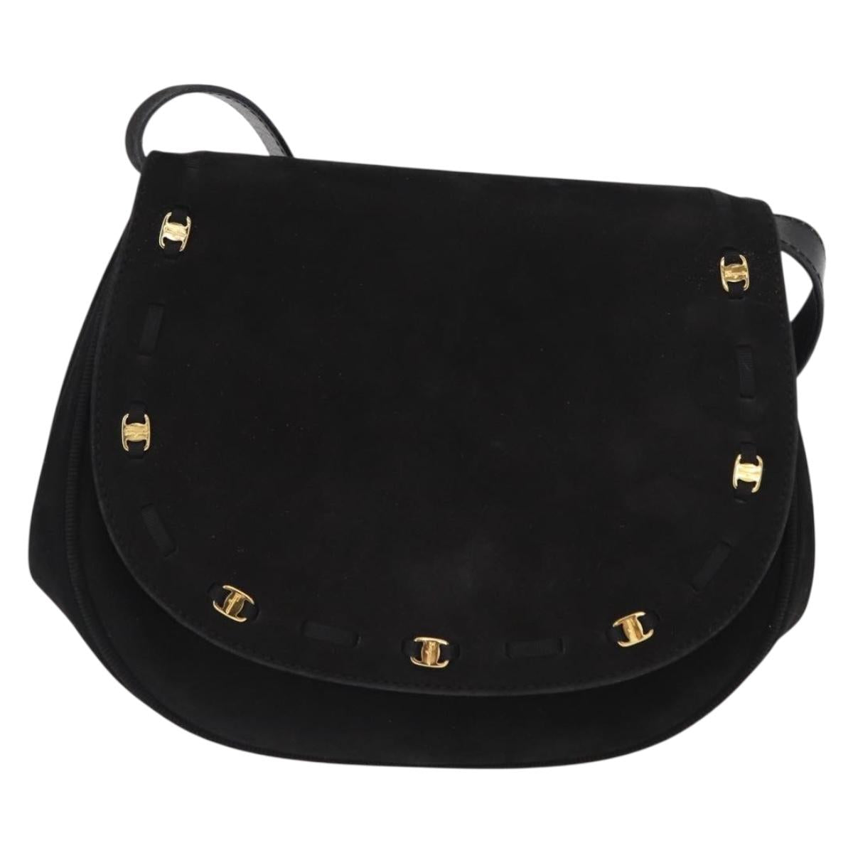 Salvatore Ferragamo Vala Shoulder Bag Suede Black Gold Auth BA9286
