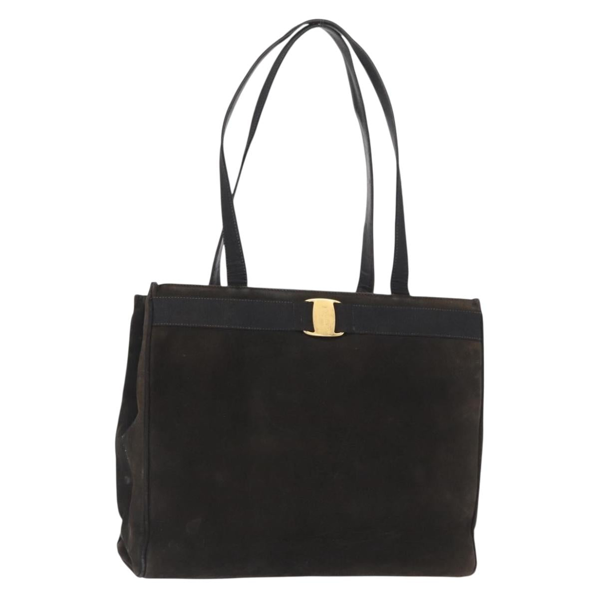 Salvatore Ferragamo Tote Bag Suede Black Gold Auth BA9344