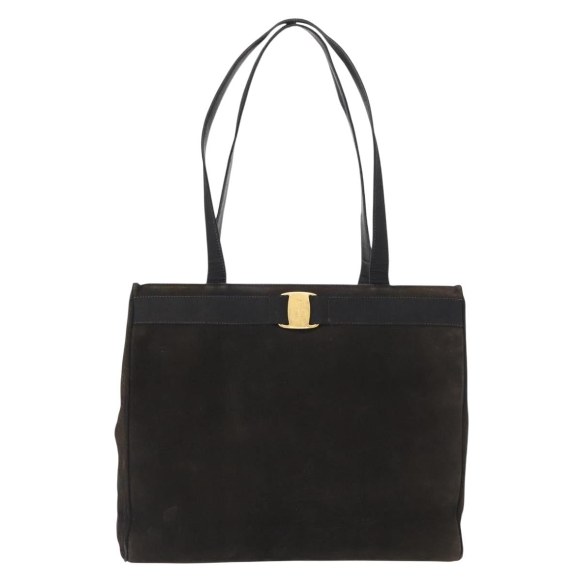 Salvatore Ferragamo Tote Bag Suede Black Gold Auth BA9344