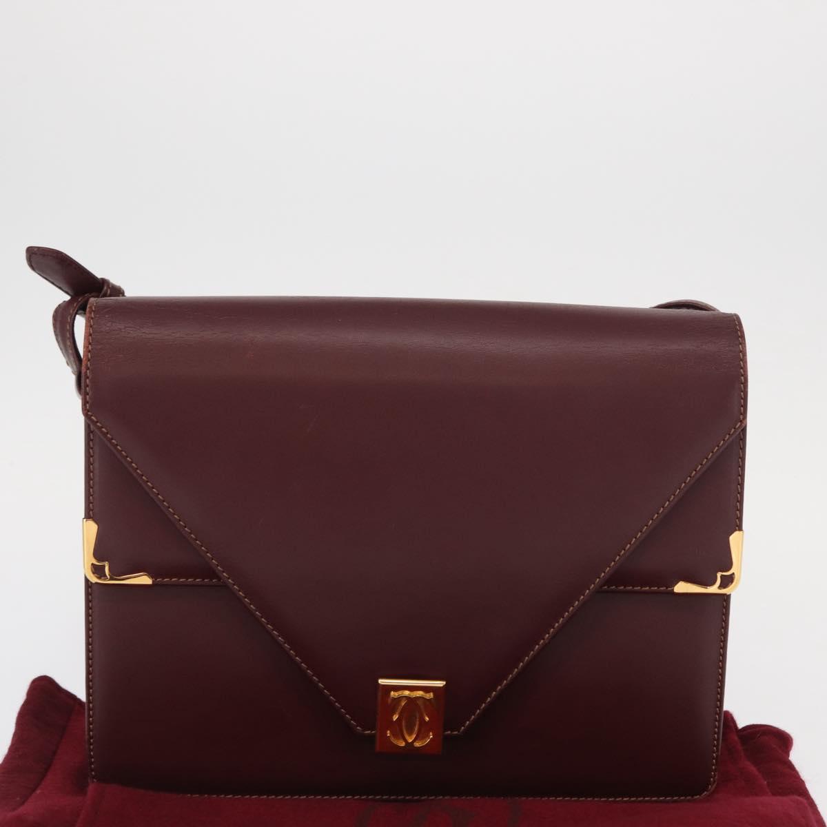 CARTIER Must Line Shoulder Bag Leather Bordeaux Gold Auth BA9345