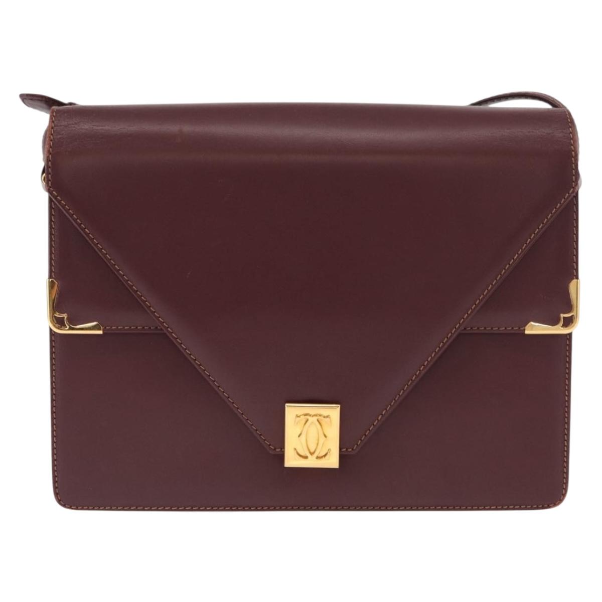 CARTIER Must Line Shoulder Bag Leather Bordeaux Gold Auth BA9345