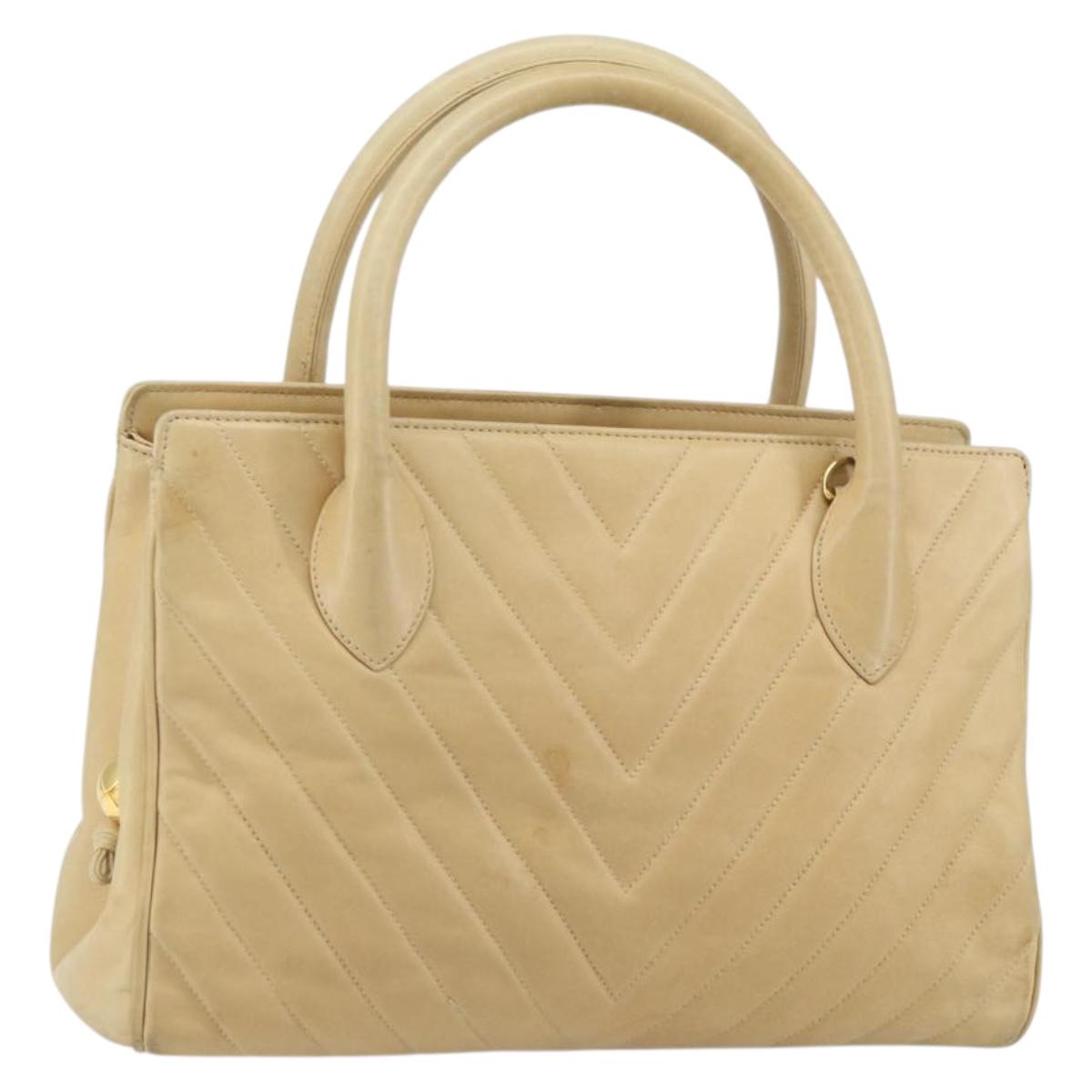 CHANEL V Stitch Hand Bag Leather Beige Gold CC Auth BA9348