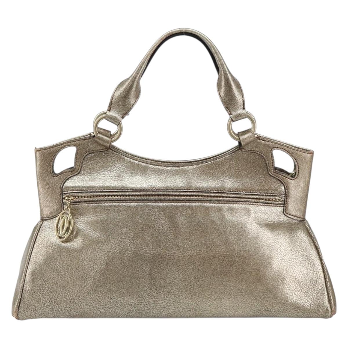 CARTIER Marcello Hand Bag Leather Gold Tone Auth BA9358