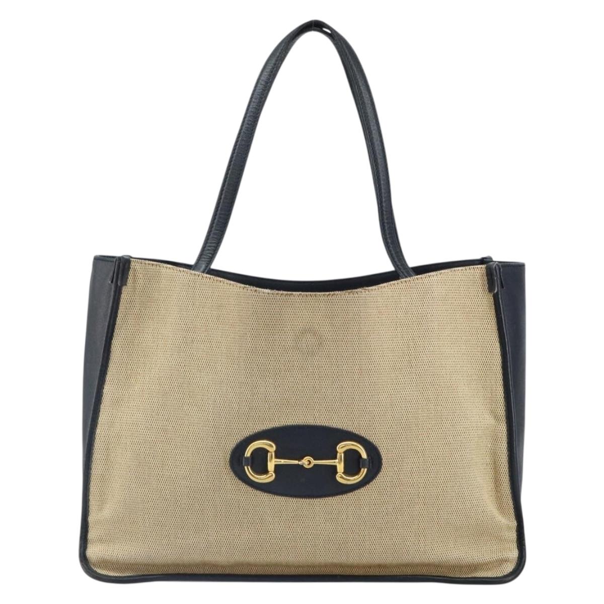 GUCCI Horsebit Tote Bag Canvas Beige Gold 623694 Auth BA9373