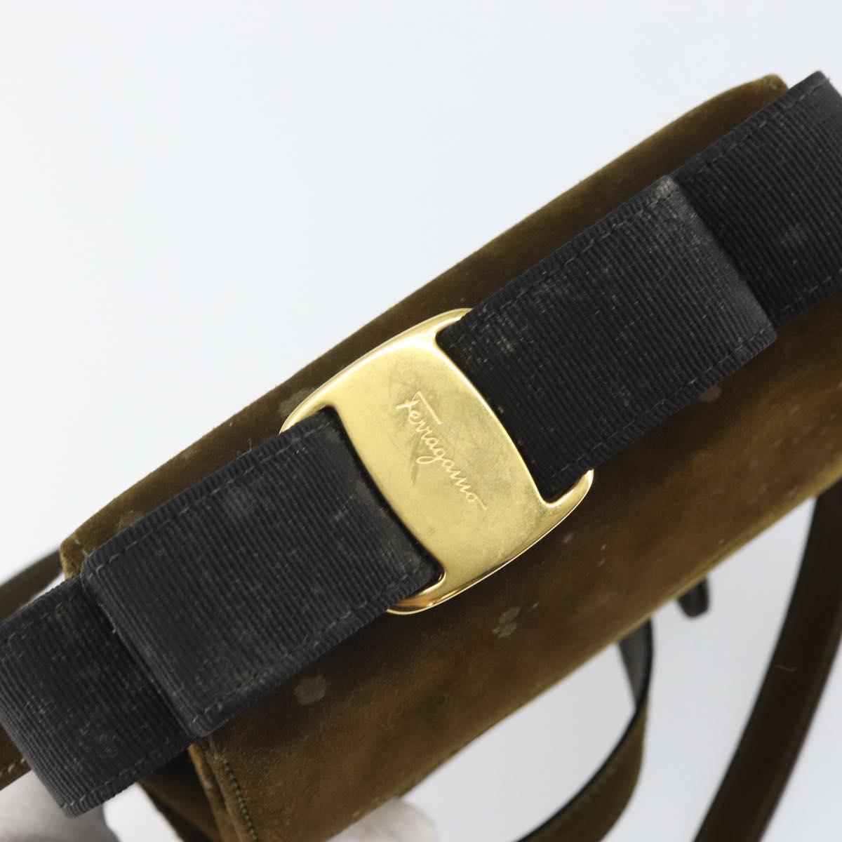 Salvatore Ferragamo Vala Shoulder Bag Suede 2way Green Gold Auth BA9381
