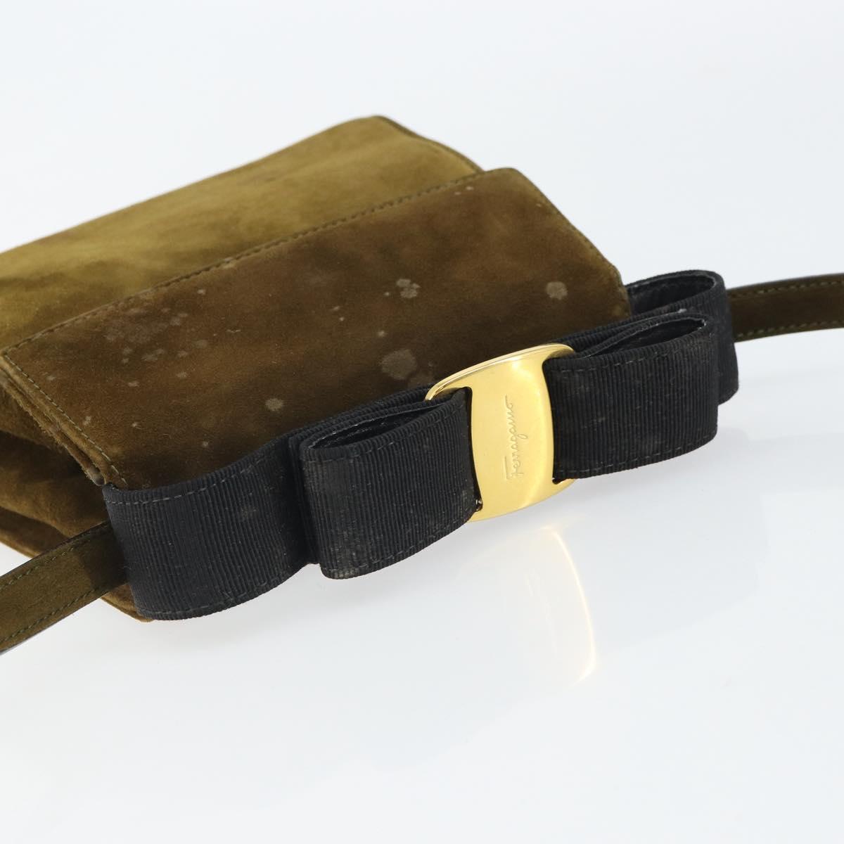 Salvatore Ferragamo Vala Shoulder Bag Suede 2way Green Gold Auth BA9381