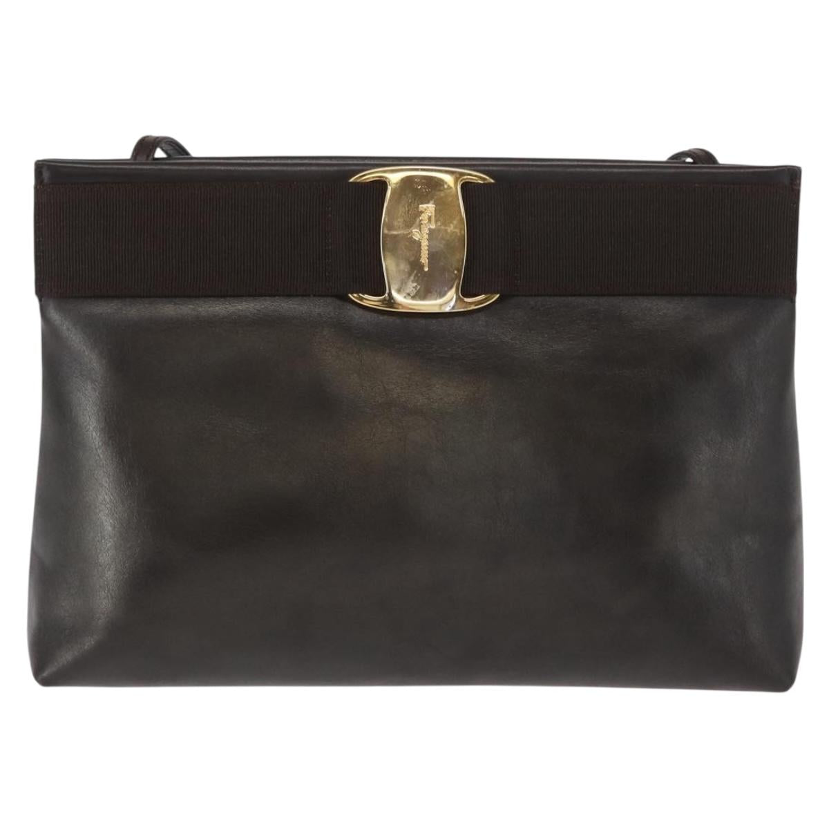 Salvatore Ferragamo Vala Shoulder Bag Leather Dark Brown Gold Auth BA9386