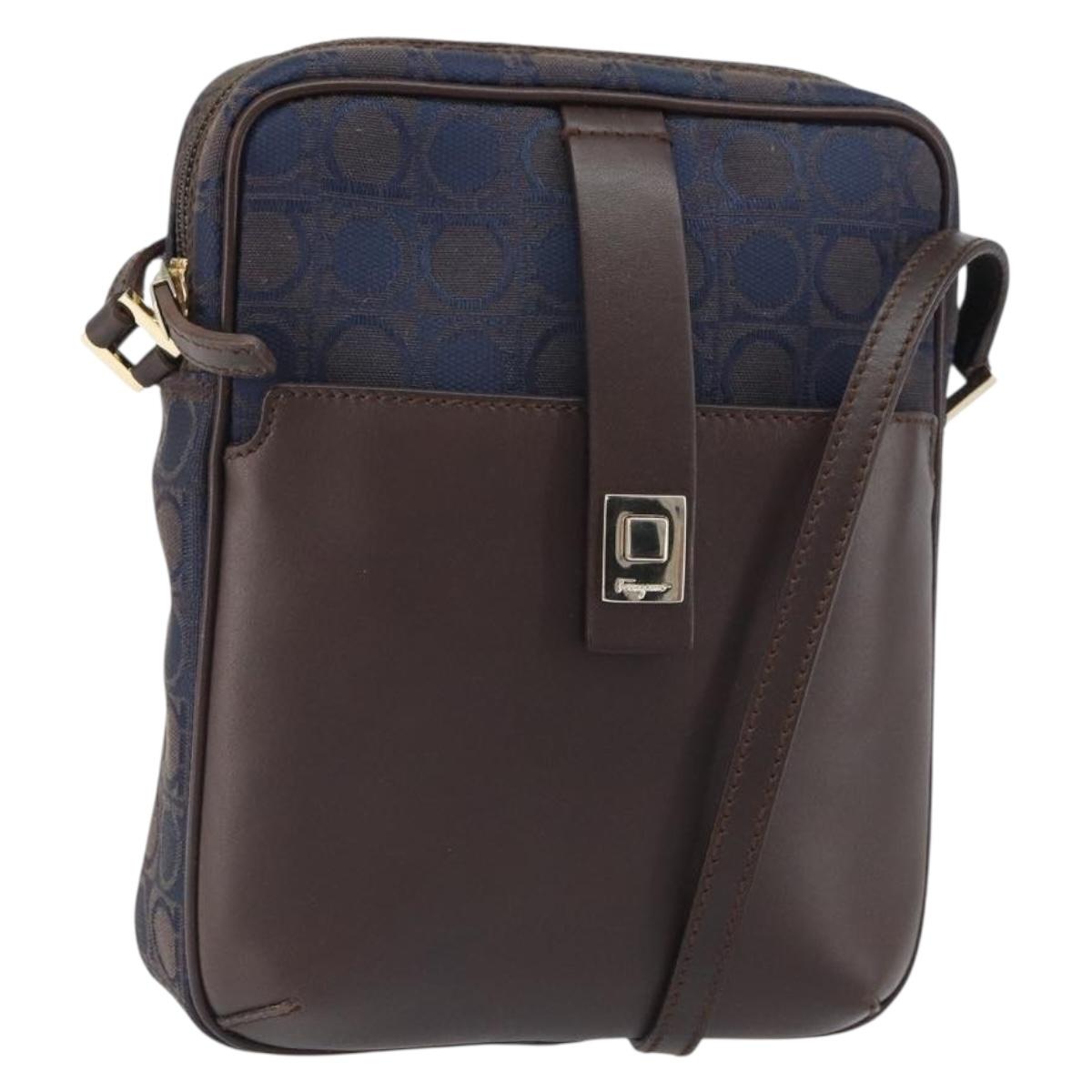 Salvatore Ferragamo Gancini Shoulder Bag Nylon Leather Navy Gold Auth BA9388