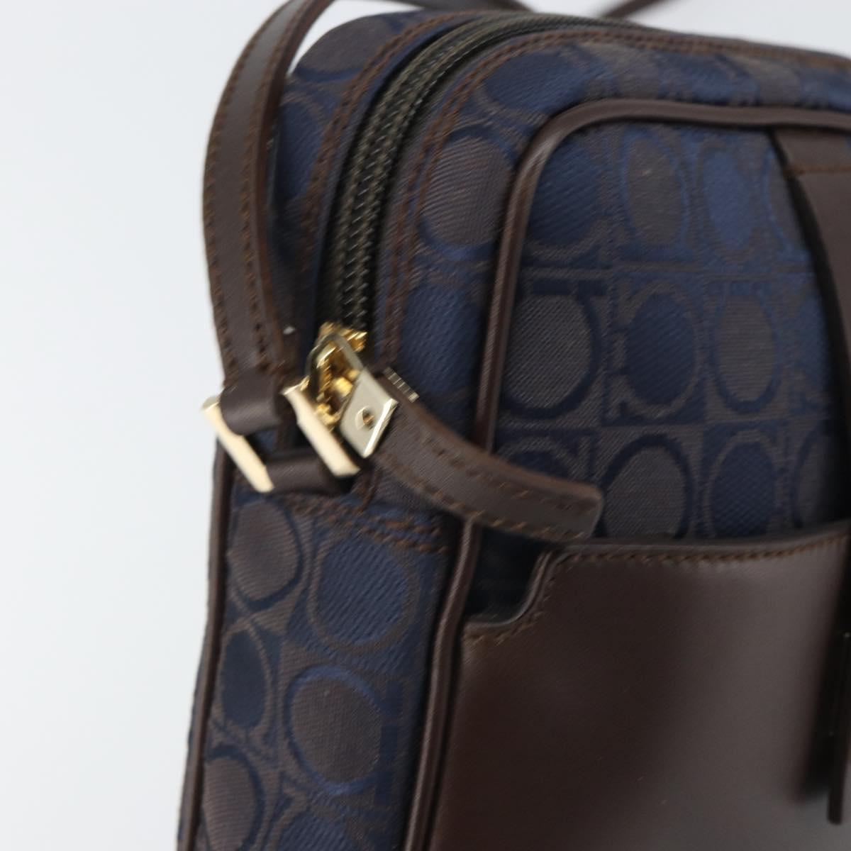 Salvatore Ferragamo Gancini Shoulder Bag Nylon Leather Navy Gold Auth BA9388