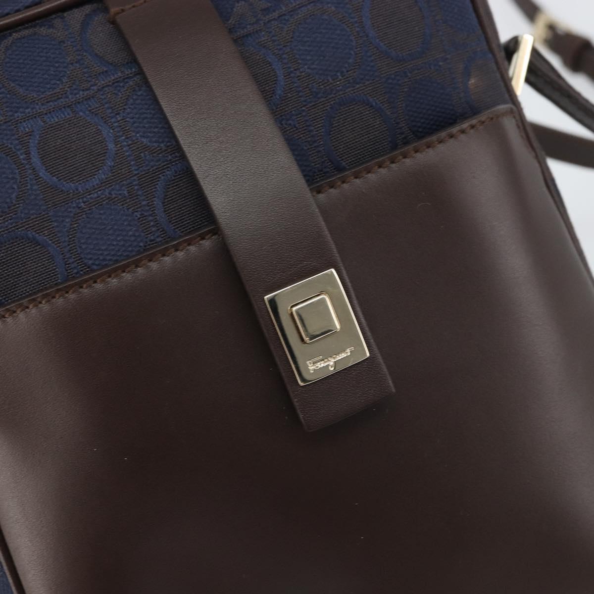 Salvatore Ferragamo Gancini Shoulder Bag Nylon Leather Navy Gold Auth BA9388