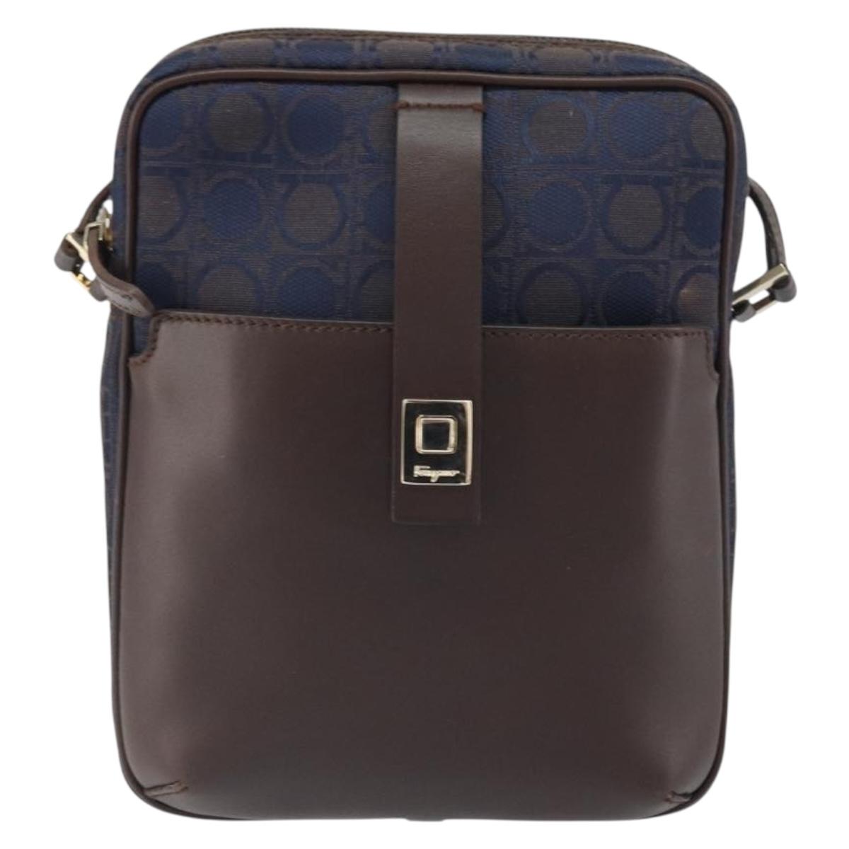 Salvatore Ferragamo Gancini Shoulder Bag Nylon Leather Navy Gold Auth BA9388