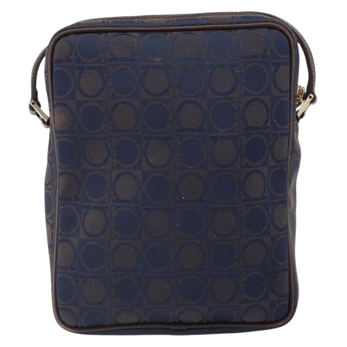 Salvatore Ferragamo Gancini Shoulder Bag Nylon Leather Navy Gold Auth BA9388