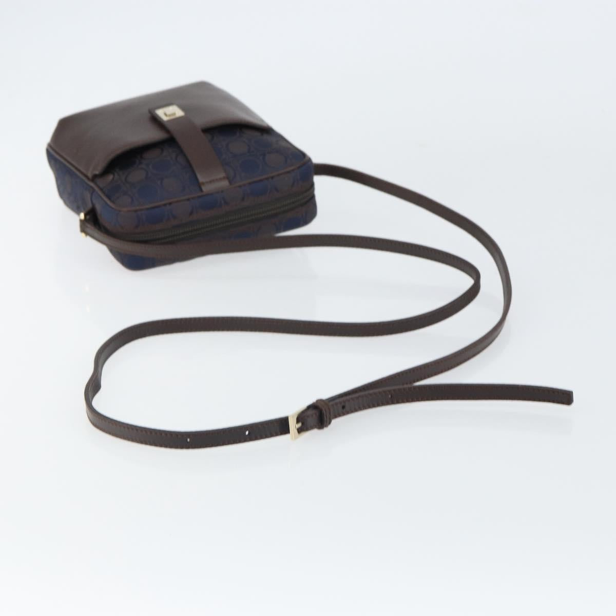 Salvatore Ferragamo Gancini Shoulder Bag Nylon Leather Navy Gold Auth BA9388