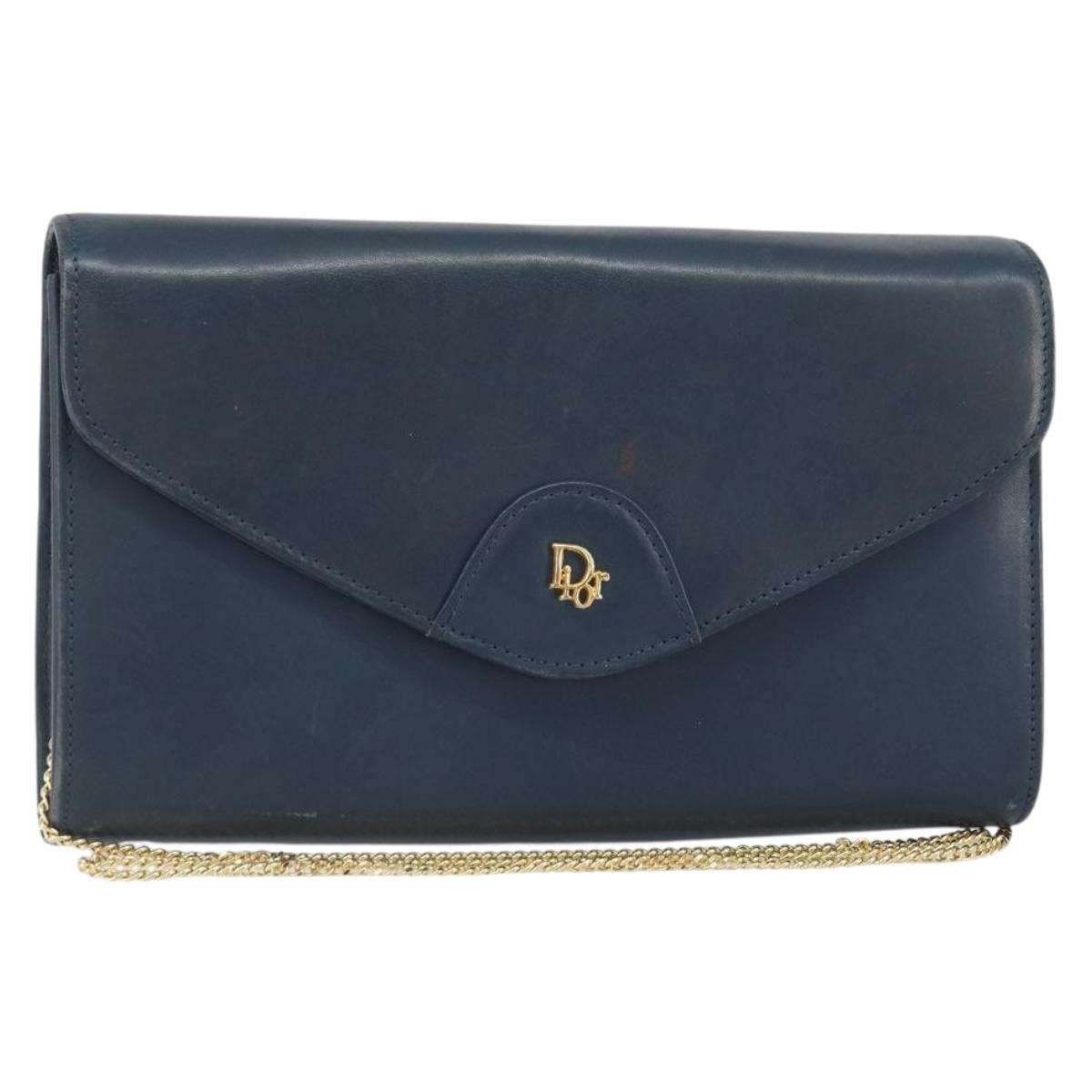 Christian Dior Chain Shoulder Bag Leather Navy Gold Auth BA9389