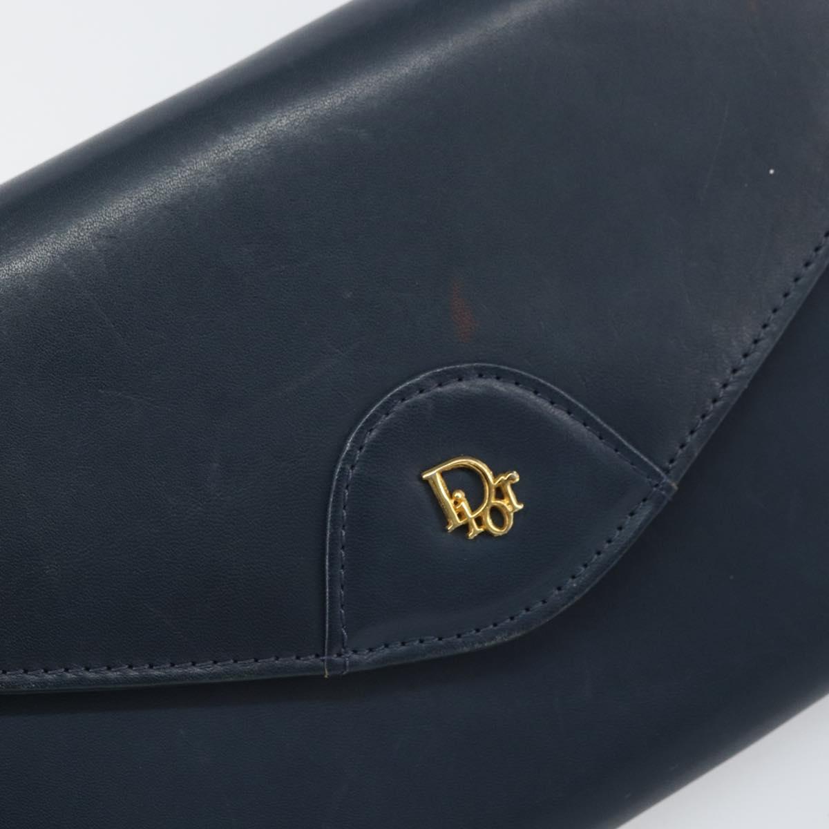 Christian Dior Chain Shoulder Bag Leather Navy Gold Auth BA9389