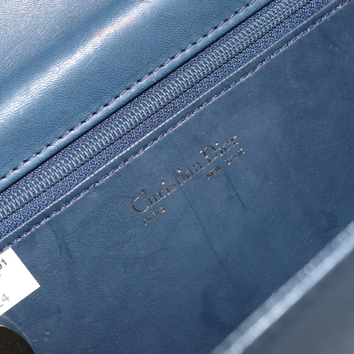 Christian Dior Chain Shoulder Bag Leather Navy Gold Auth BA9389