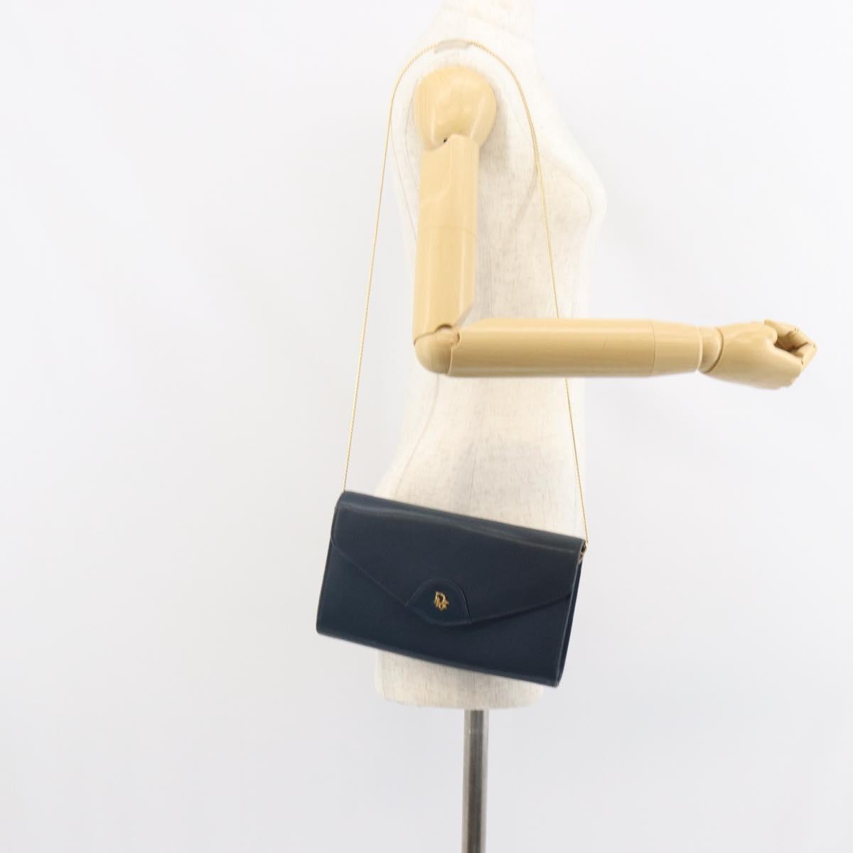 Christian Dior Chain Shoulder Bag Leather Navy Gold Auth BA9389