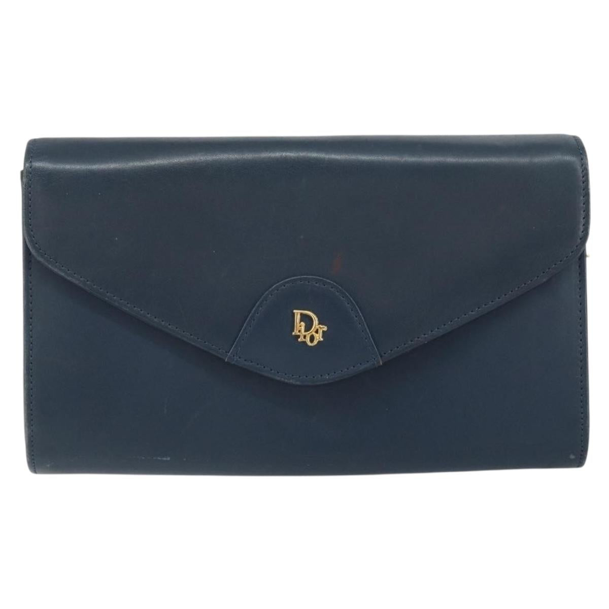 Christian Dior Chain Shoulder Bag Leather Navy Gold Auth BA9389