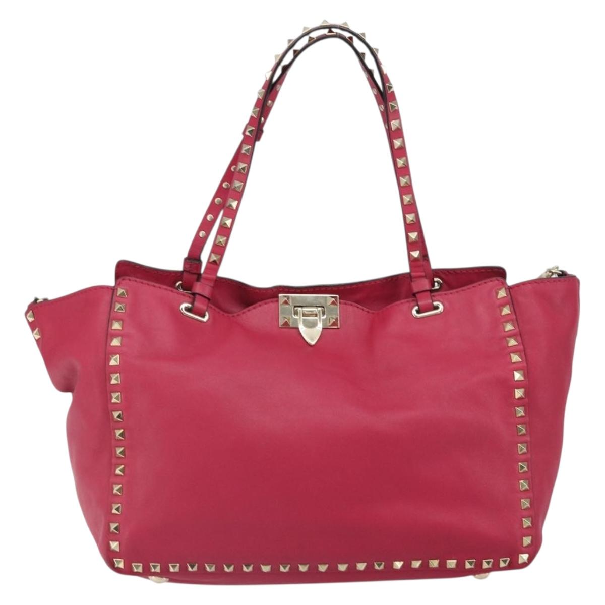 VALENTINO Rock studs Tote Bag Leather 2way Pink Gold Auth BA9403
