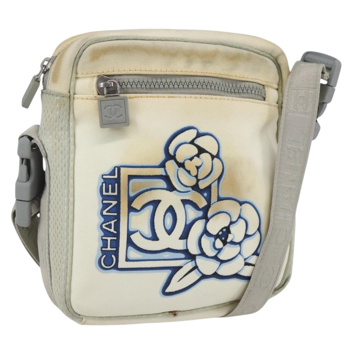 CHANEL Sports Line Shoulder Bag Canvas White Silver CC Auth BA9407