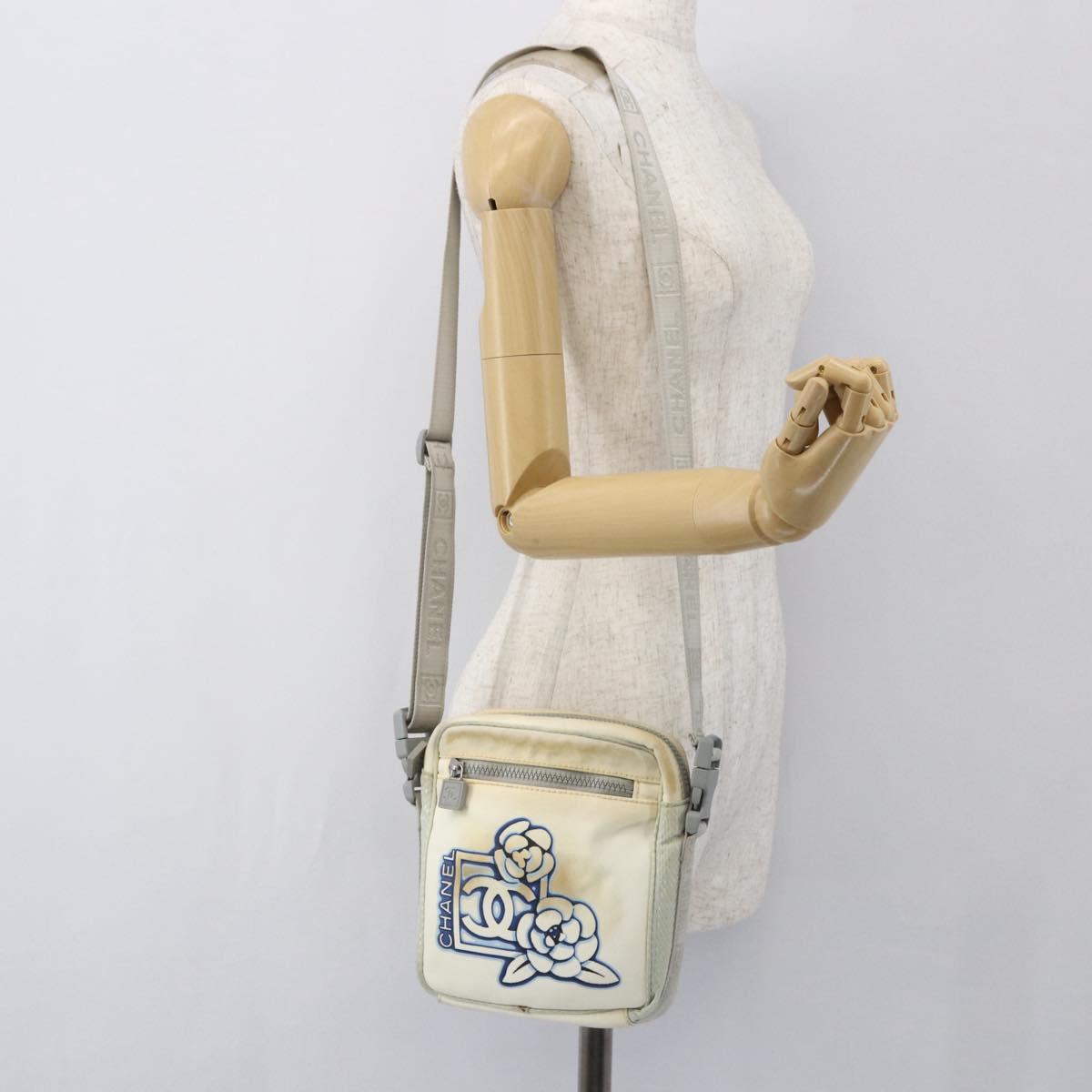 CHANEL Sports Line Shoulder Bag Canvas White Silver CC Auth BA9407