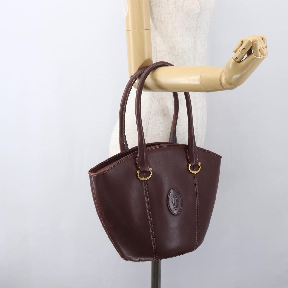 CARTIER Must Line Hand Bag Leather Bordeaux Gold Auth BA9415