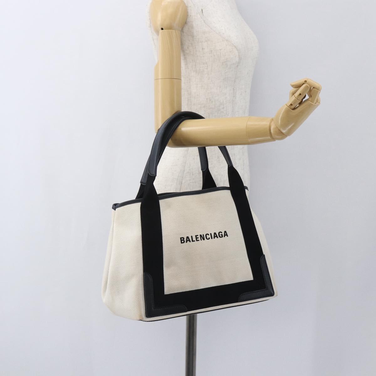 BALENCIAGA Navy kabas M Hand Bag Canvas White Black Silver 339933 Auth BA9416