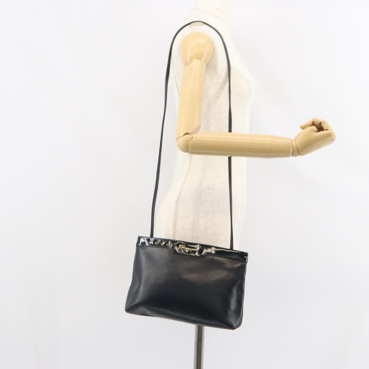 Salvatore Ferragamo Shoulder Bag Leather Black Gold Auth BA9418