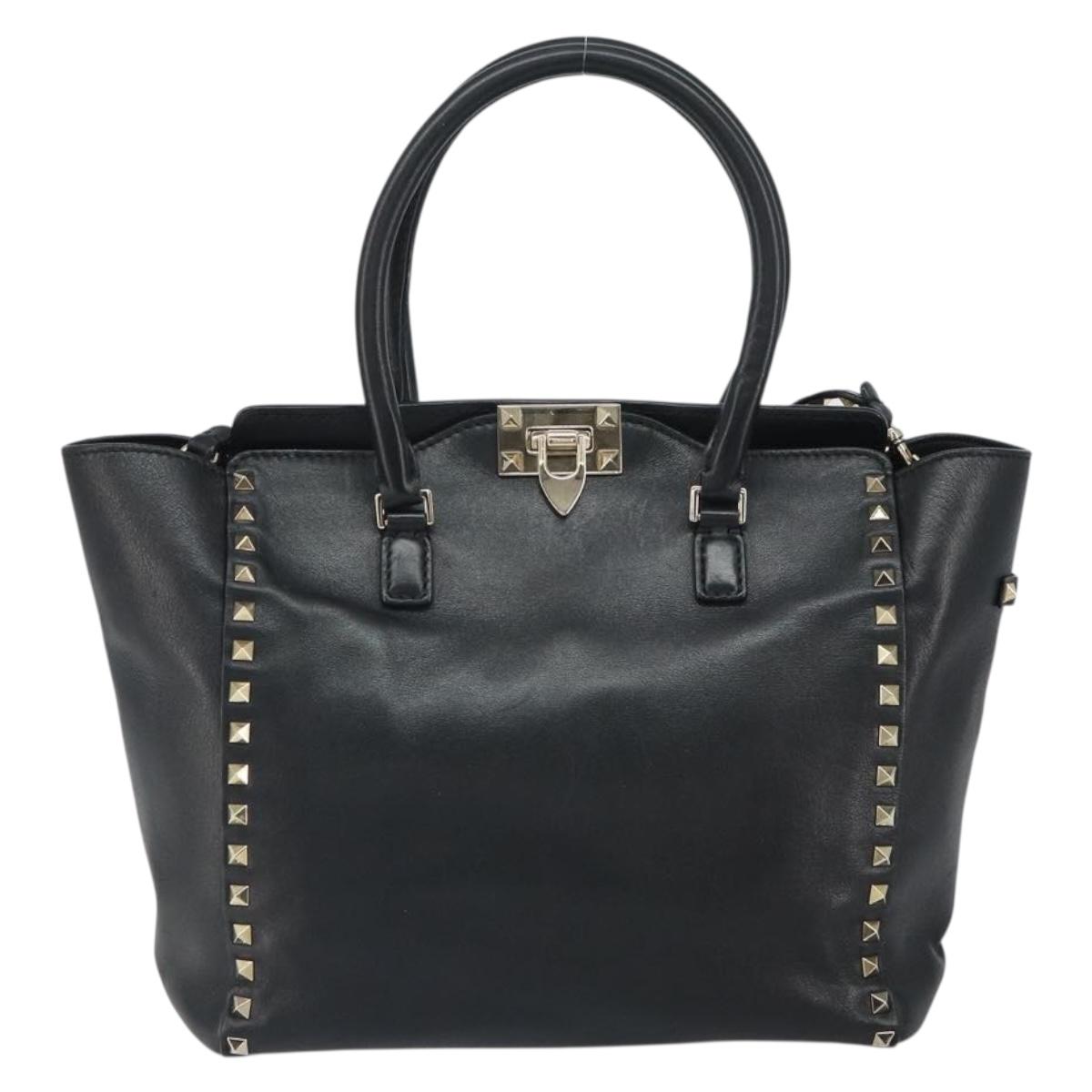VALENTINO Rock studs Hand Bag Leather 2way Black Gold Auth BA9420