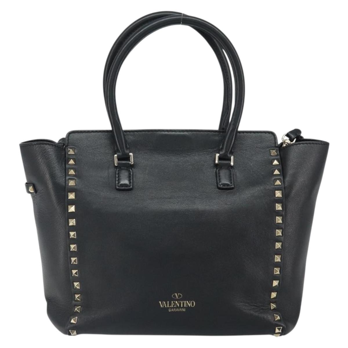 VALENTINO Rock studs Hand Bag Leather 2way Black Gold Auth BA9420