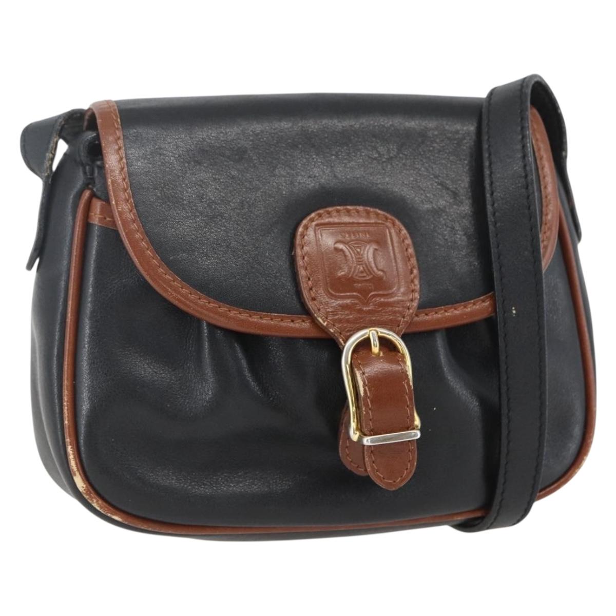 CELINE Shoulder Bag Leather Black Gold Auth BA9422