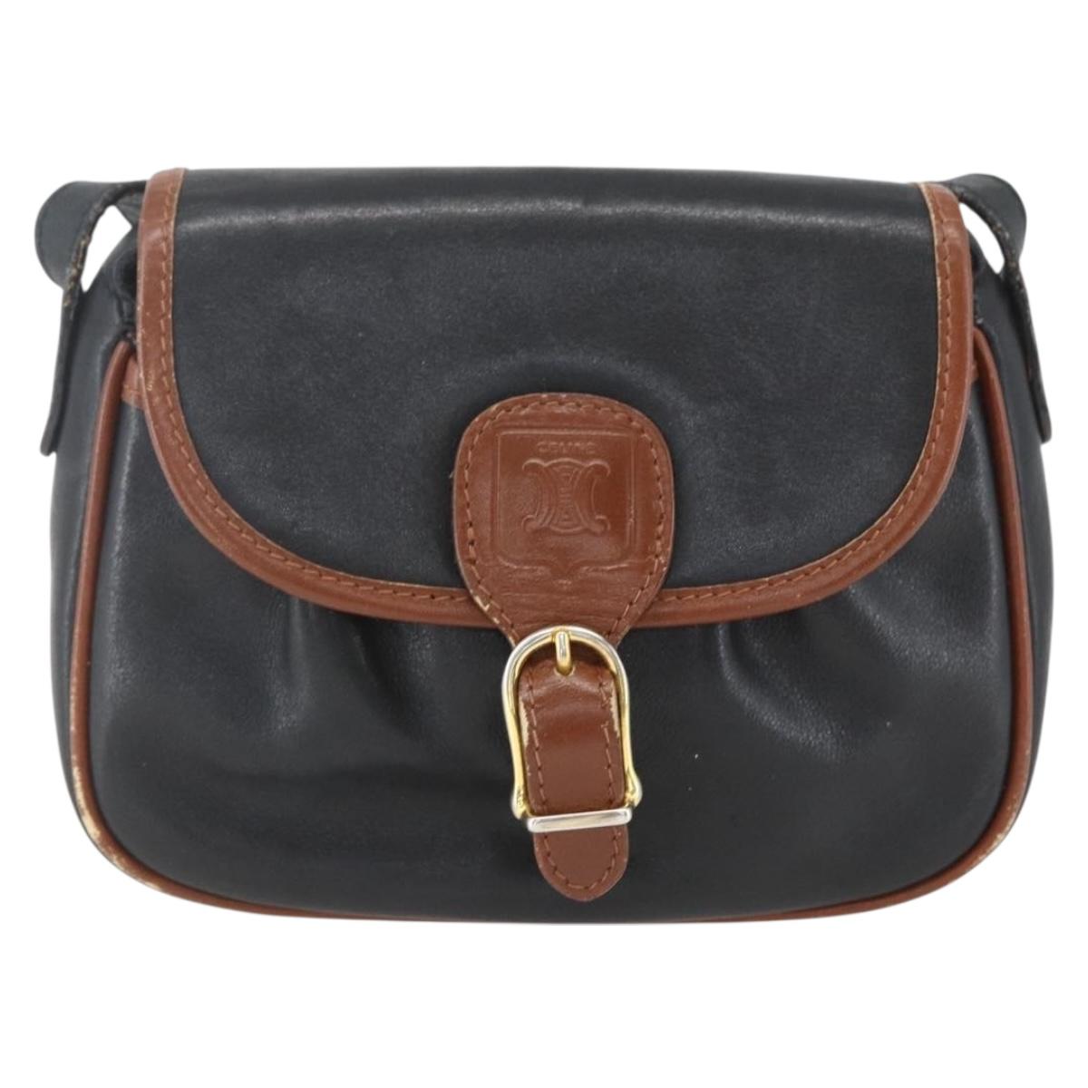 CELINE Shoulder Bag Leather Black Gold Auth BA9422