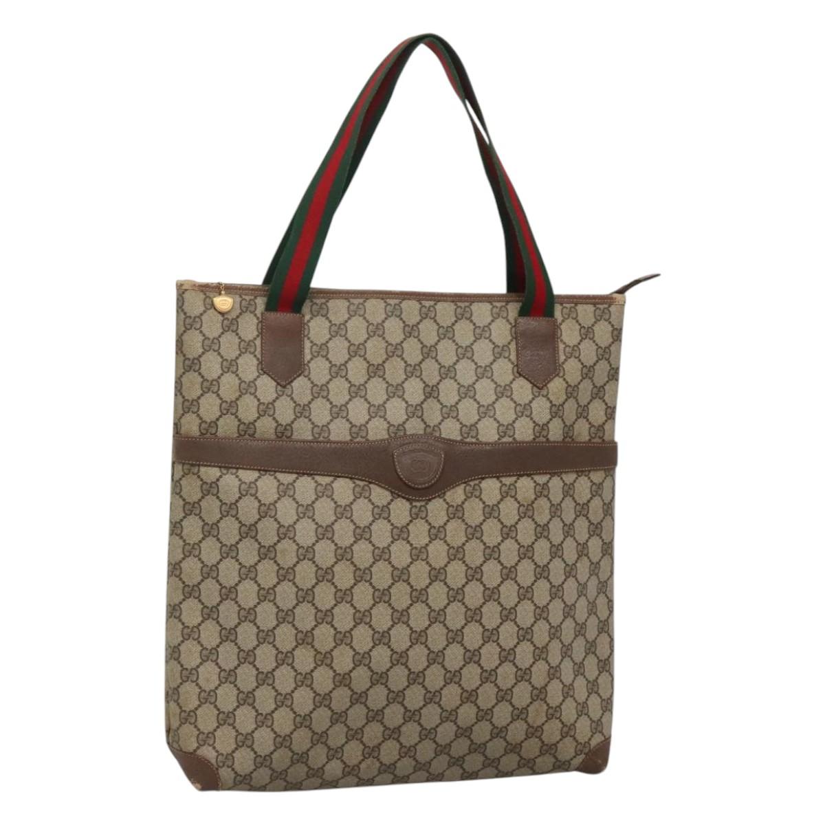 GUCCI GG Supreme Web Sherry Line Tote Bag PVC Beige Green Red Auth BA943