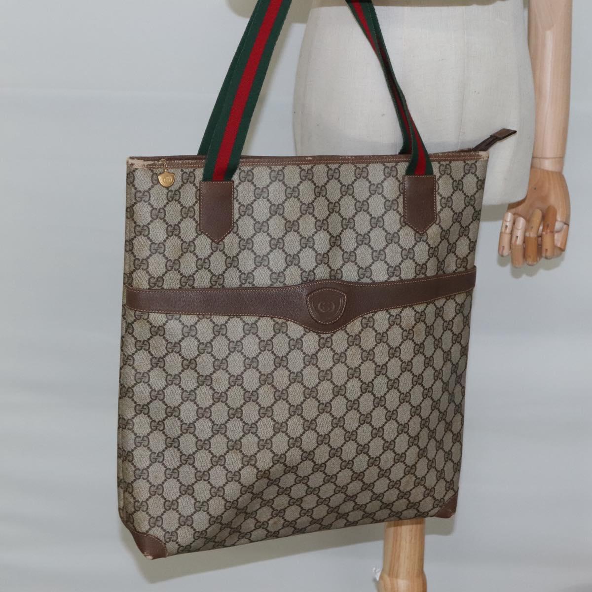 GUCCI GG Supreme Web Sherry Line Tote Bag PVC Beige Green Red Auth BA943