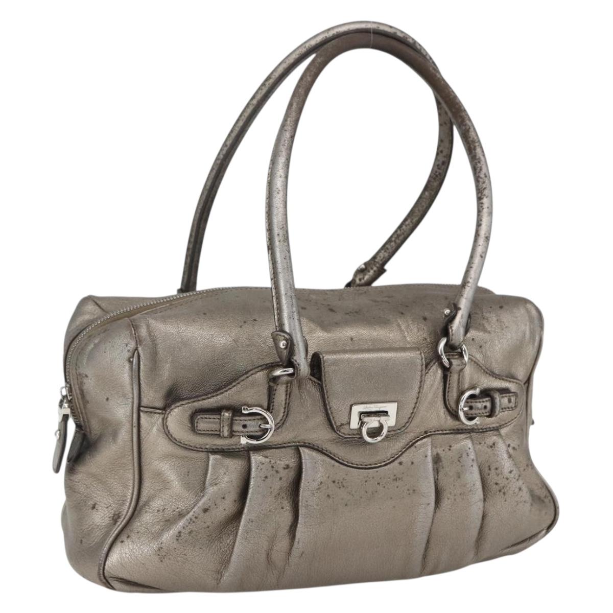Salvatore Ferragamo Gancini Hand Bag Leather Silver Auth BA9504