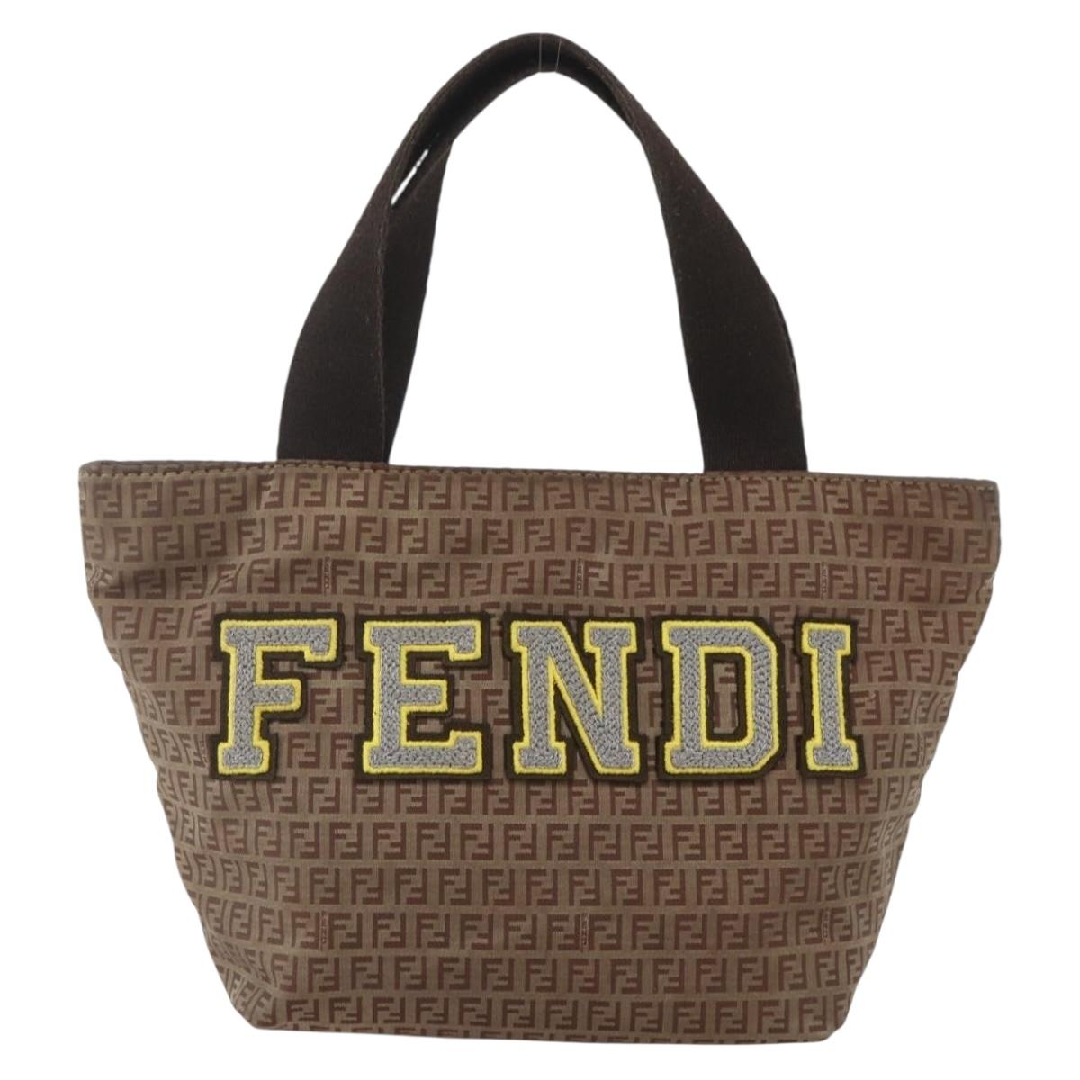 FENDI Zucchino Canvas Hand Bag Nylon Beige Silver Auth BA9505