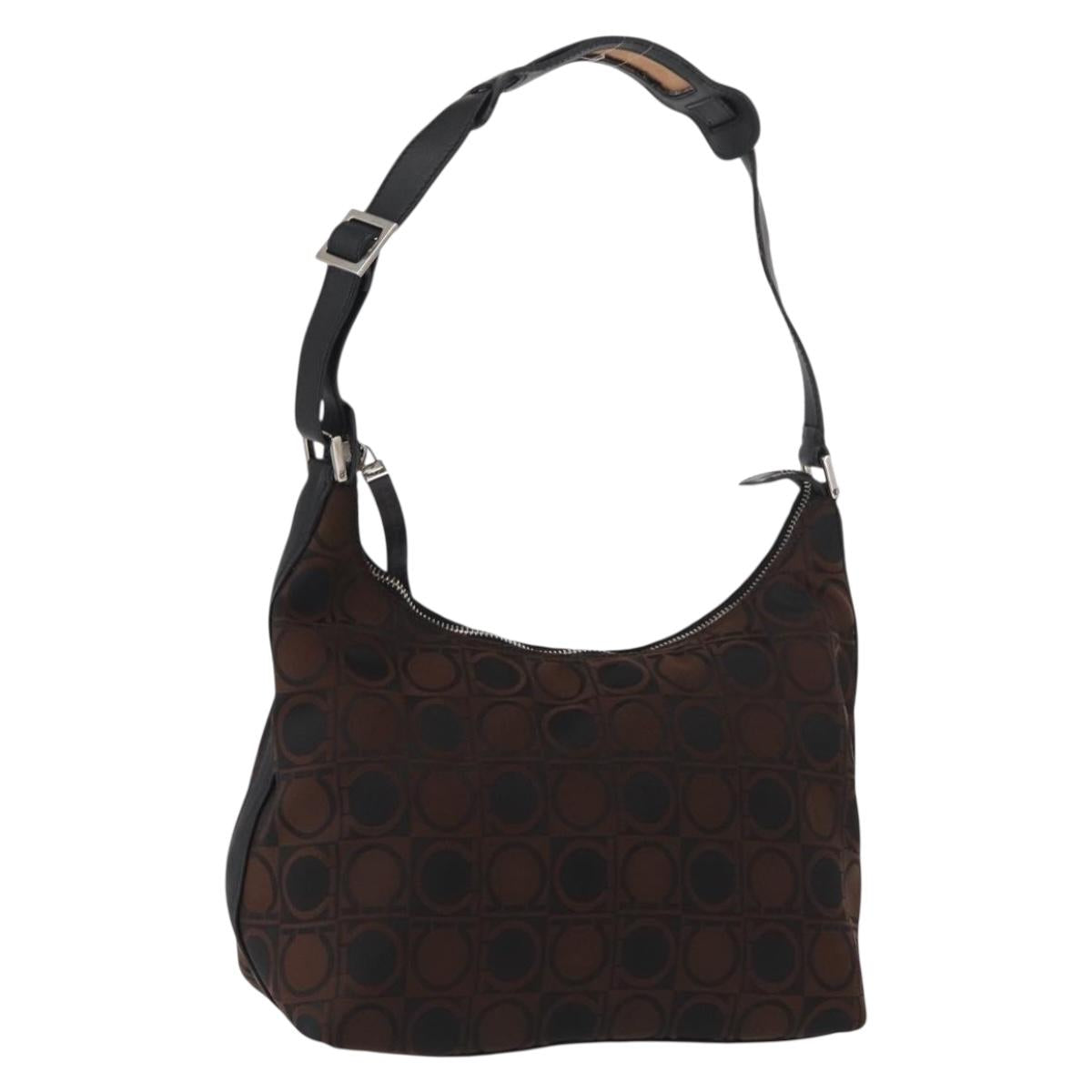 Salvatore Ferragamo Gancini Shoulder Bag Nylon Brown Silver Auth BA9517