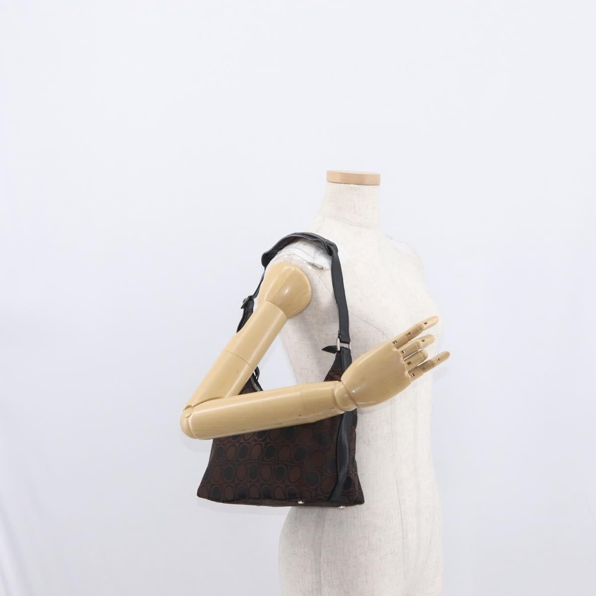 Salvatore Ferragamo Gancini Shoulder Bag Nylon Brown Silver Auth BA9517
