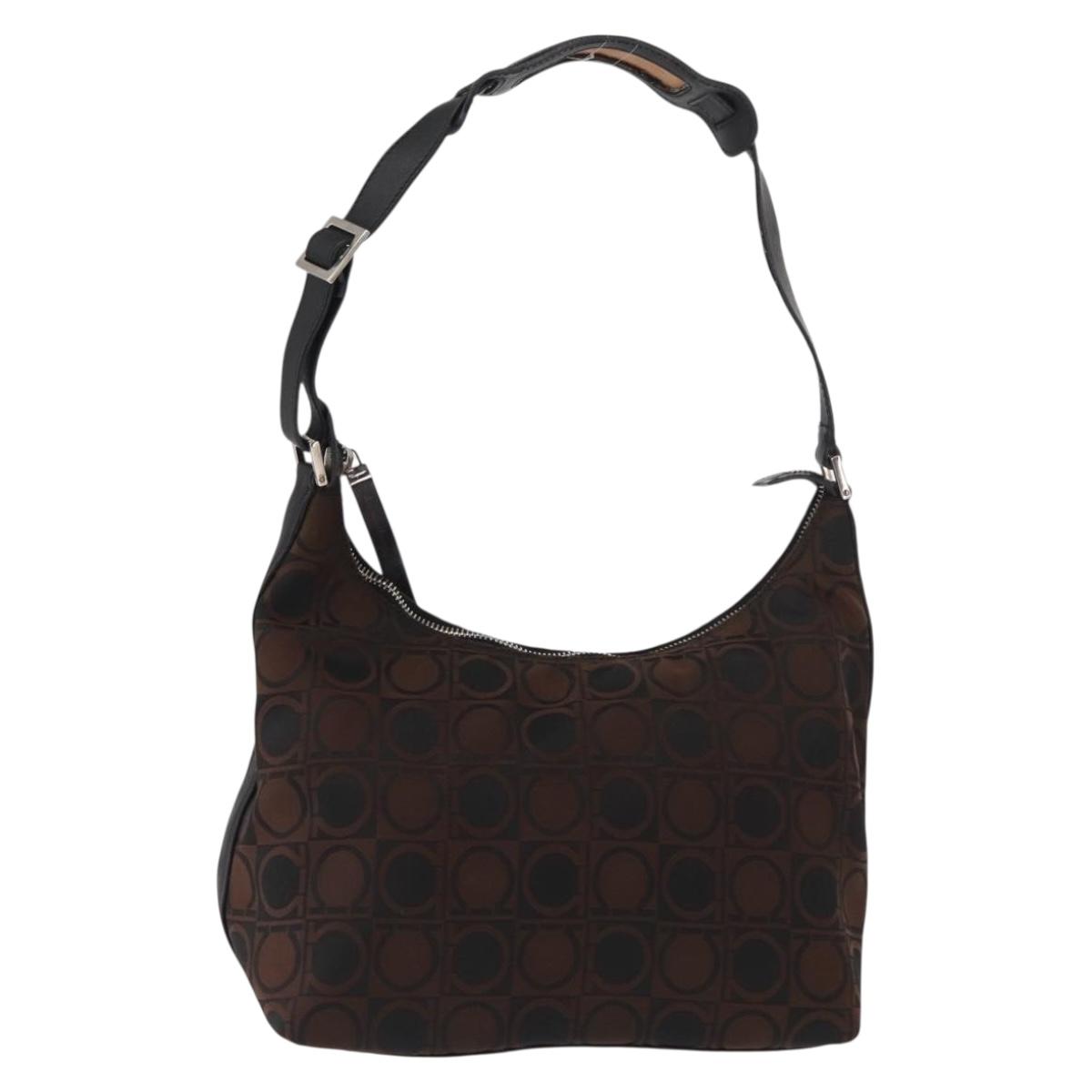Salvatore Ferragamo Gancini Shoulder Bag Nylon Brown Silver Auth BA9517