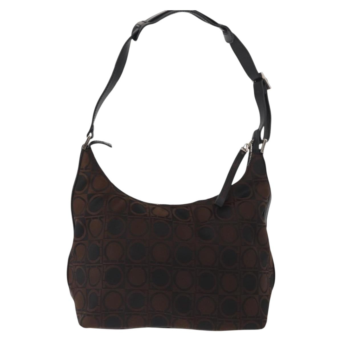 Salvatore Ferragamo Gancini Shoulder Bag Nylon Brown Silver Auth BA9517