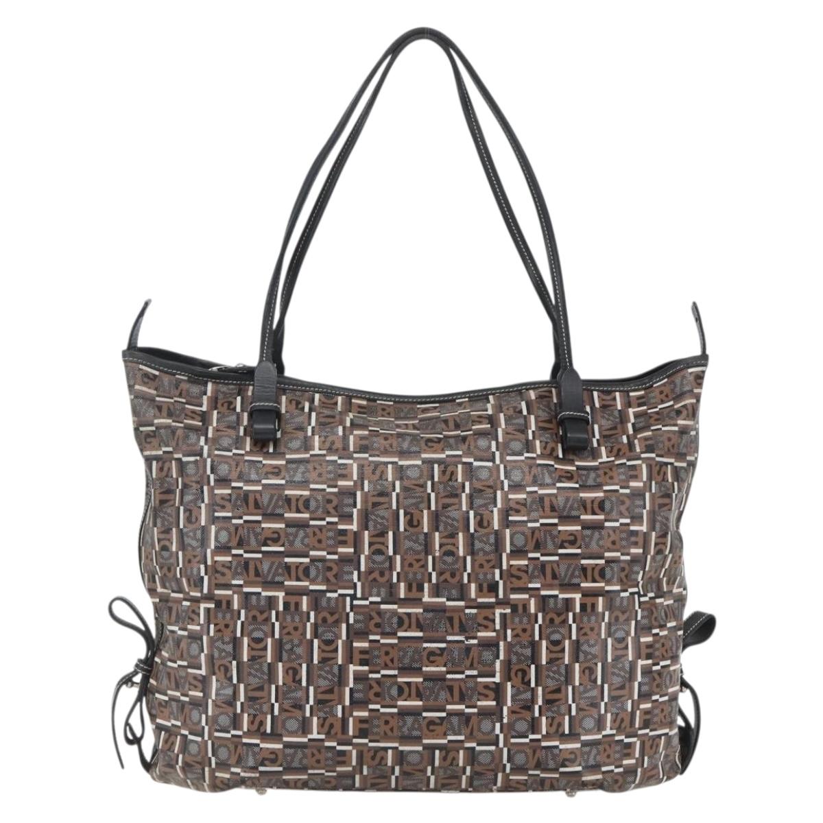 Salvatore Ferragamo Tote Bag PVC Leather Brown Silver Auth BA9529