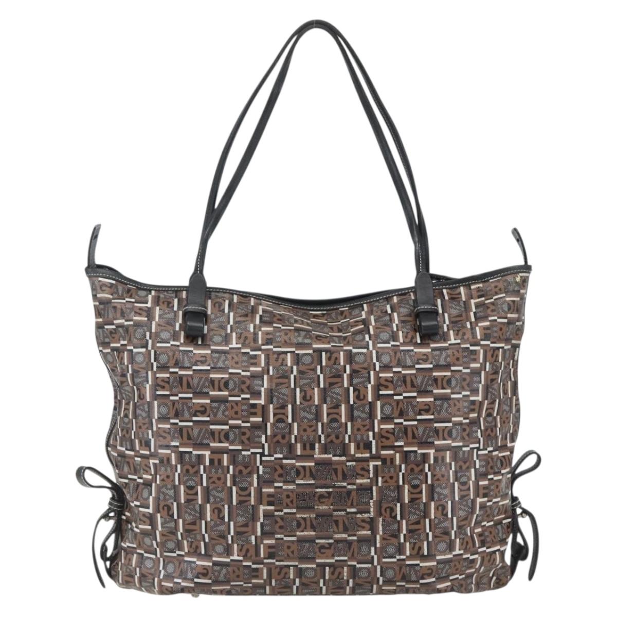 Salvatore Ferragamo Tote Bag PVC Leather Brown Silver Auth BA9529