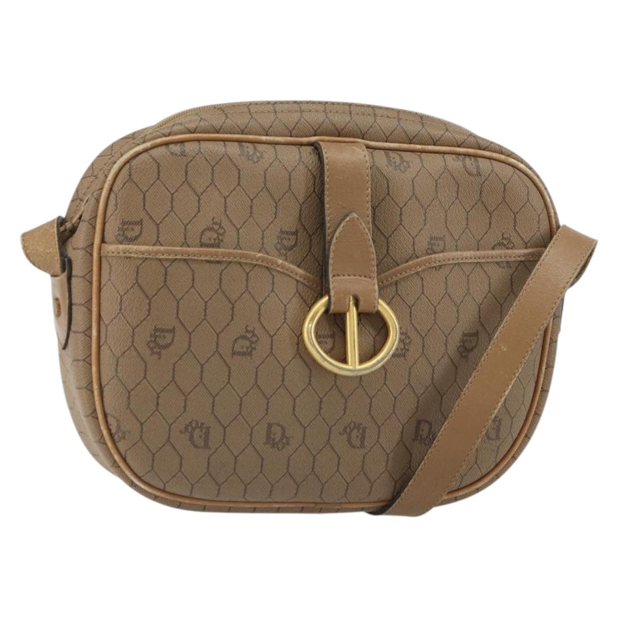 Christian Dior Honeycomb Canvas Shoulder Bag PVC Beige Gold Auth BA9558